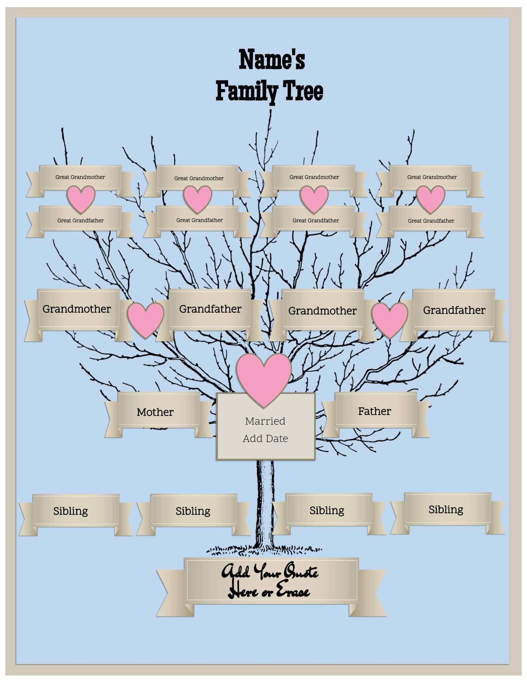 4 Generation Family Tree Template Free to Customize Print